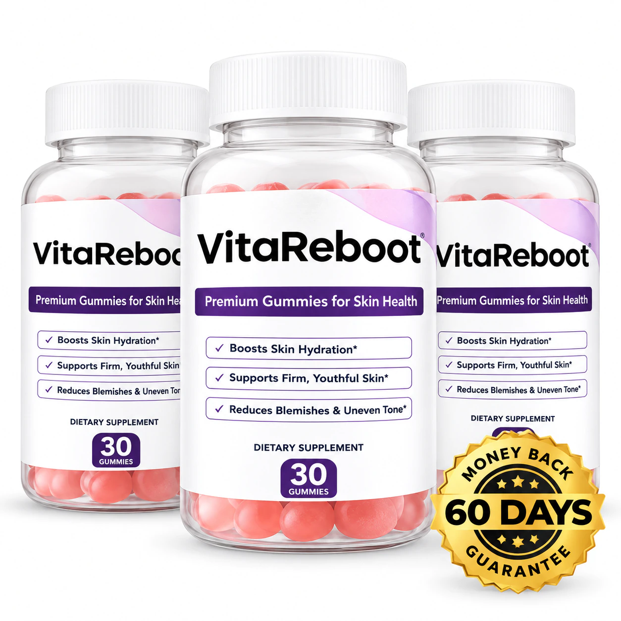 Three VitaReboot Premium Gummies for Skin Health bottles